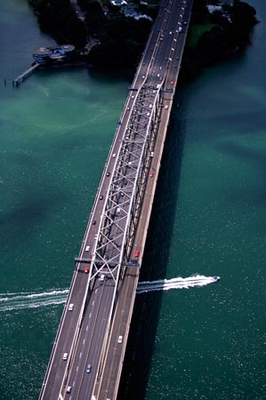 Auckland Harbour Bridge & Waitemata Harbour, Auckland, North island, New Zealand - aerial  