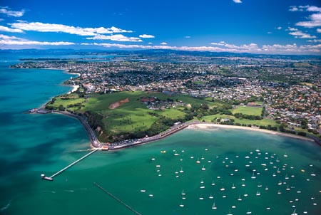 Orakei Jetty, Okahu Bay & Takaparawha Park, Auckland, North Island, New Zealand - aerial 