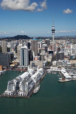 Hilton Hotel, Princes Wharf, Auckland CBD and Sky Tower, North Island, New Zealand - Aerial NAka141