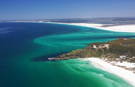 Ohao Point (Coal Point) and Parengarenga Harbour Entrance, Far North, Northland, North Island, New Zealand - aerial 