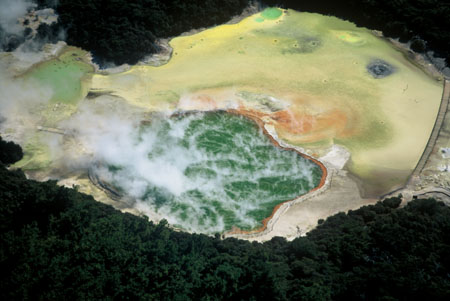Champagne Pool (green) and Artists Palette (yellow), Waiotapu Thermal Reserve, near Rotorua, North Island, New Zealand - aerial 