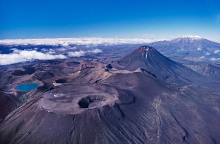 Mounts Tongariro, Ngauruhoe & Ruapehu (left front to distant right), Tongariro National Park - aerial