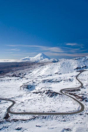 Bruce Road up Mt Ruapehu, and Mt Ngauruhoe, Tongariro National Park, Central Plateau, North Island, New Zealand - aerial 