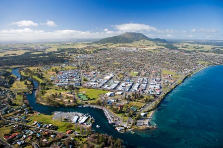 Taupo, Lake Taupo and Waikato River, North Island, New Zealand - aerial 
