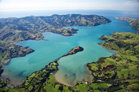 Akaroa Harbour, Banks Peninsula, Canterbury, South Island, New Zealand- aerial 
