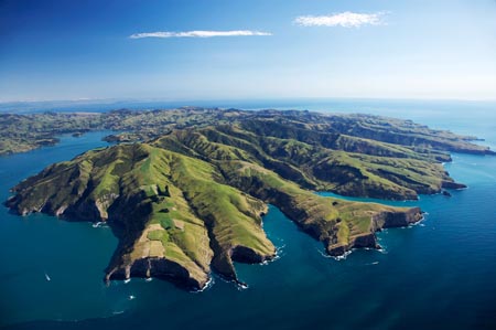 Akaroa Harbour (left) and Banks Peninsula, Canterbury, South Island, New Zealand- aerial 
