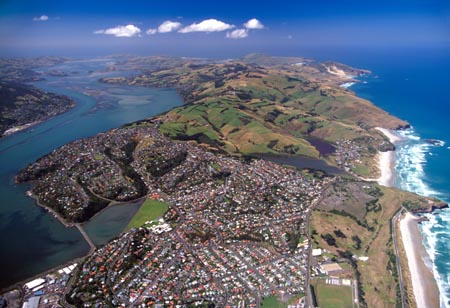 Dunedin, Otago Harbour and Otago Peninsula, South Island, New Zealand - aerial