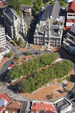 St. Paul's Cathedral and Municipal Chambers, The Octagon, Dunedin, South Island, New Zealand - aerial 
