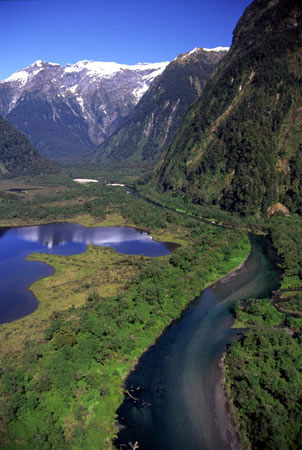 Lake Brown & Arthur River, Arthur Valley, Milford Track, Fiordland National Park - aerial 