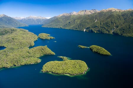 Dome Islands and South Fiord, Lake Te Anau, Fiordland National Park, South Island, New Zealand - aerial 