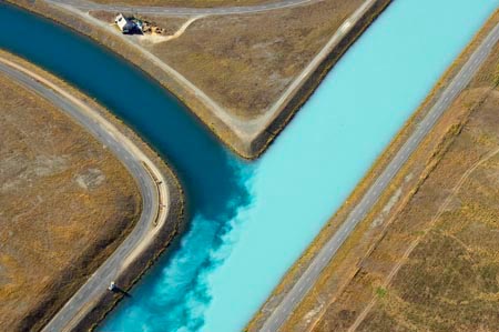 Ohau Canal (left) meets Pukaki Canal, near Twizel, Mackenzie Country, South Island, New Zealand - aerial 