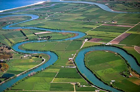 Clutha River near Kaitangata, South Otago, South Island, New Zealand - aerial 