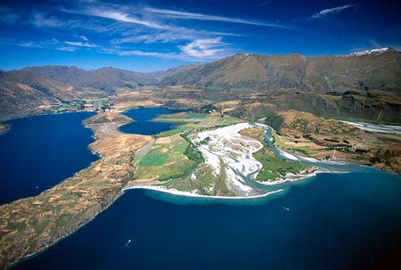 Lake Wanaka and the mouth of Matukituki River, near Wanaka, South Island, New Zealand - aerial 