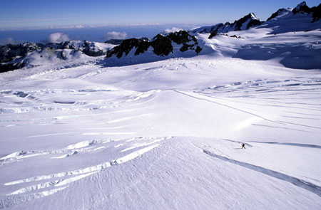 Climber crossing Albert Glacier below Mt Tasman, Westland/TePoutini National Park, SOuth Island, New Zealand - aerial 