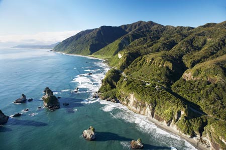 Twelve Mile Bluff and Motukiekie Rocks, north of Greymouth, West Coast, South Island, New Zealand - aerial 