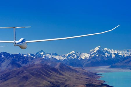 Glider, Lake Pukaki and Aoraki / Mt Cook, Mackenzie Country, South Island, New Zealand - aerial