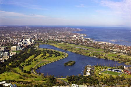Albert Park Lake and Port Phillip Bay, Melbourne, Victoria, Australia - aerial
