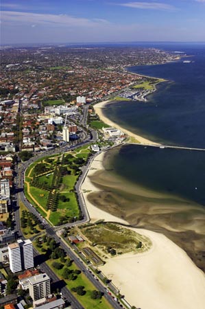 Catani Gardens, St Kilda, Port Phillip Bay, Melbourne, Victoria, Australia - aerial 
