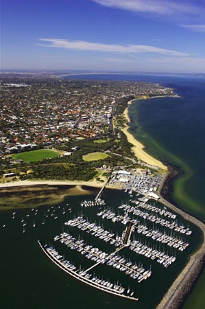 World War One Submarine Wreck (centre of marina), Picnic Point, Sandringham, Port Phillip Bay, Melbourne, Victoria, Australia - aerial 