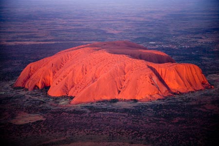 Last Light on Uluru / Ayers Rock, Uluru - Kata Tjuta National Park, World Heritage Area, Northern Territory, Australia - aerial 