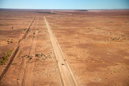Oodnadatta Track, and Old Ghan Train Line, near William Creek, Outback, South Australia, Australia - aerial 