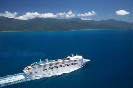 Regal Princess Cruise Ship near Cape Tribulation, Great Barrier Reef, North Queensland, Australia - aerial 