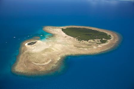 Low Isles (reef in shape of map of Australia), Great Barrier Reef Marine Park, near Port Douglas, North Queensland, Australia - aerial 