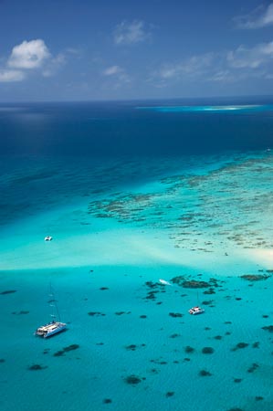 Upolu Cay and Dive Boats, Upolu Cay National Park, Great Barrier Reef Marine Park, North Queensland, Australia - aerial 