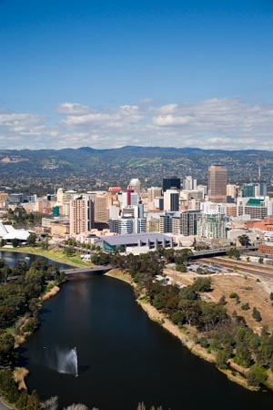 River Torrens and CBD, Adelaide, South Australia, Australia - aerial