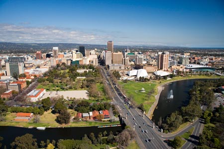 River Torrens and CBD, Adelaide, South Australia, Australia - aerial 
