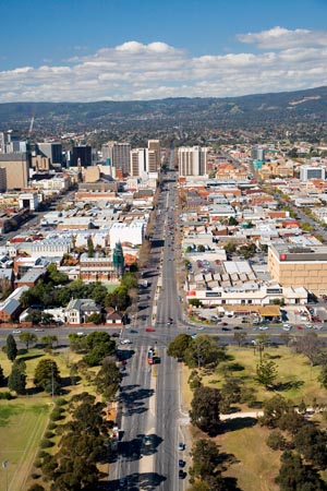 Sir Donald Bradman Drive and Grote Street, CBD, Adelaide, South Australia, Australia - aerial 