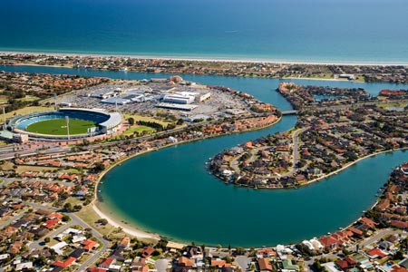 West Lakes, AAMI Stadium, and West Lakes Mall, Adelaide, South Australia, Australia - aerial ASAA063