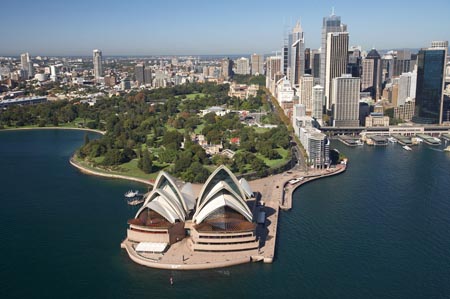 Sydney Opera House, Royal Botanic Gardens, CBD and Circular Quay, Sydney, New South Wales, Australia - aerial