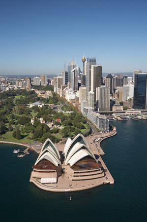 Sydney Opera House, Royal Botanic Gardens, CBD and Circular Quay, Sydney, New South Wales, Australia - aerial