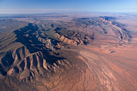 Wilpena Pound (left), Bunbinyunna Range (centre), Elder Range (right) , Flinders Ranges, South Australia, Australia - aerial 