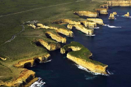Muttonbird Island and Loch Ard Gorge, Port Campbell National Park, Great Ocean Road, Victoria, Australia - aerial AVcG039