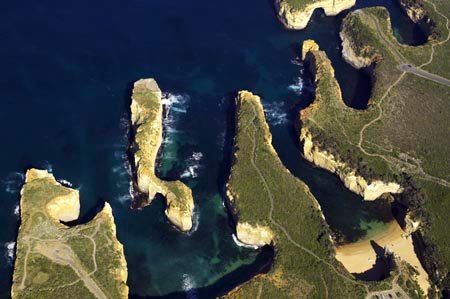 The Island Archway and Loch Ard Gorge, Port Campbell National Park, Great Ocean Road, Victoria, Australia - aerial 